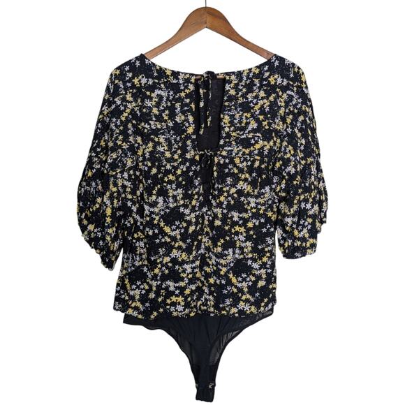 NEW Free People Dessa Bodysuit Top Medium Floral Pleated Puff Sleeve Tie Back - Picture 7 of 11